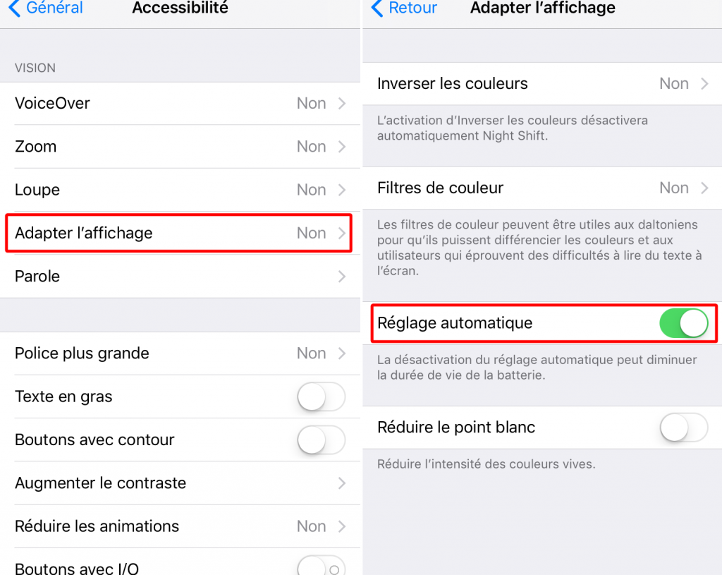 désactiver luminosité automatique ios 11