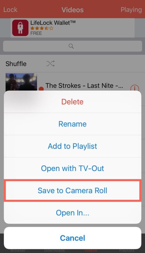 How do I save a video to my iPhone camera roll?
