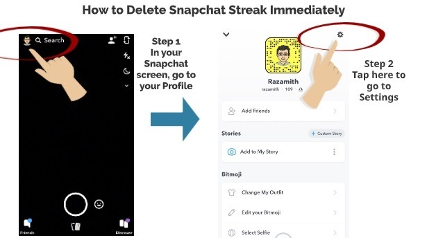 Comment supprimer la séquence Snapchat immédiatement Étape 1 Étape 2