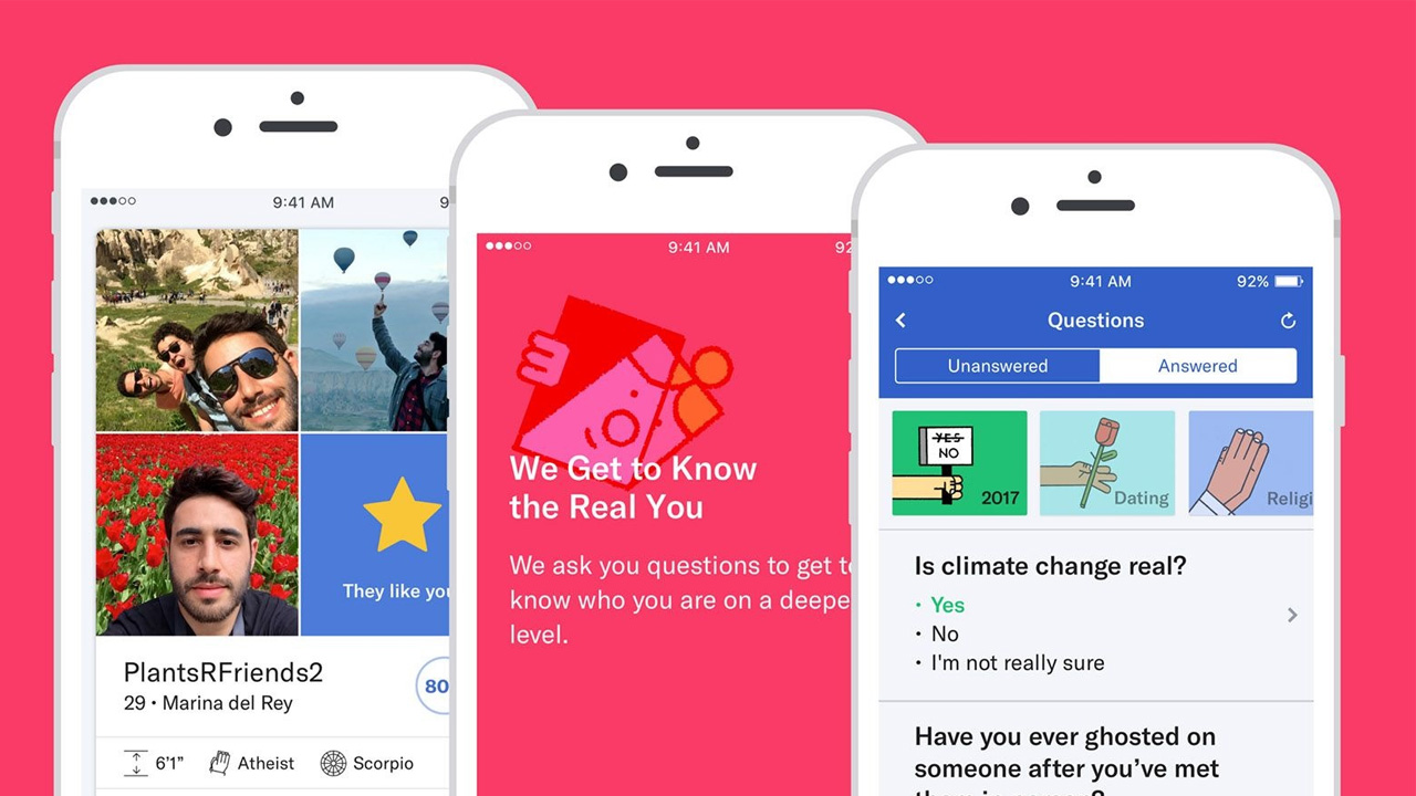 Trois captures d'écran montrant l'application de rencontres OkCupid