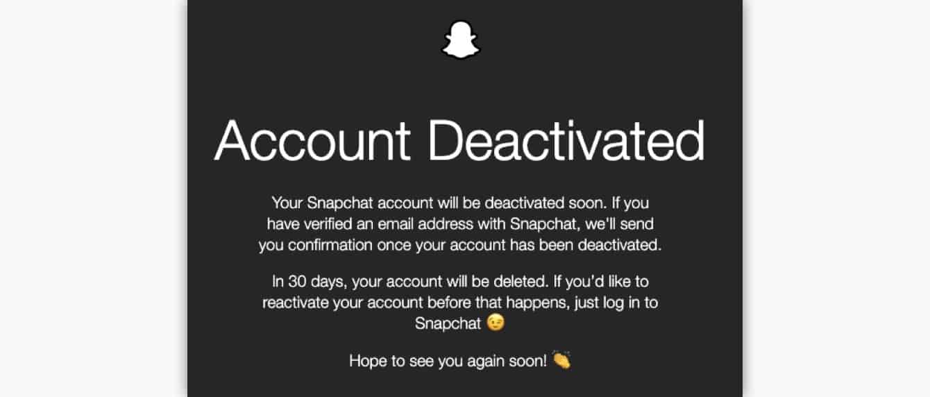 confirmation de la désactivation du compte snapchat