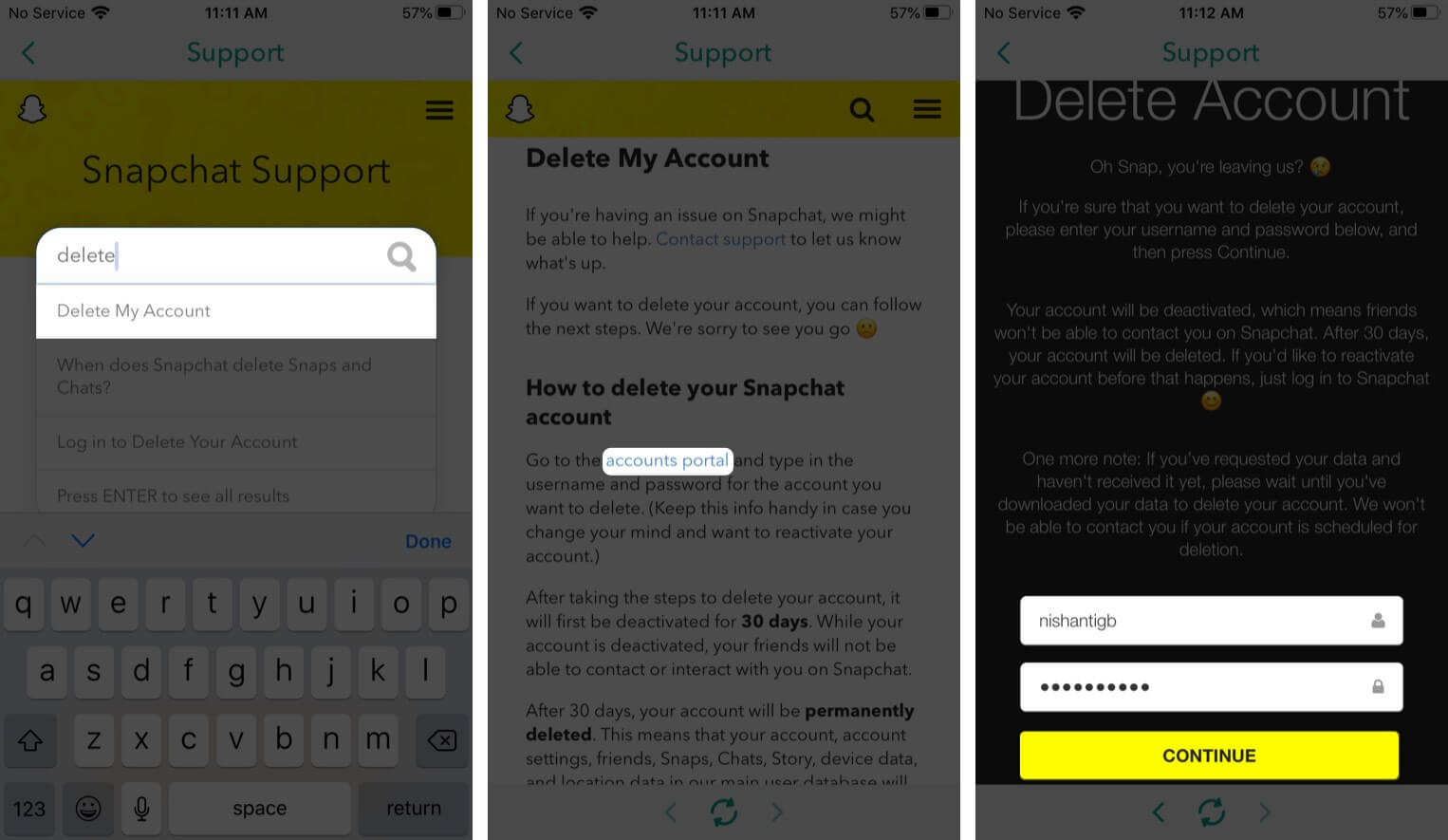 Accédez au portail des comptes et supprimez le compte Snapchat sur iPhone
