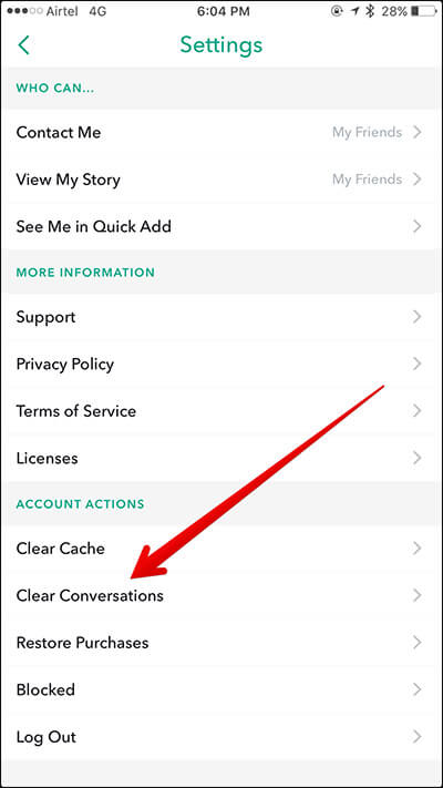 Appuyez sur Effacer les conversations dans Snapchat sur iPhone