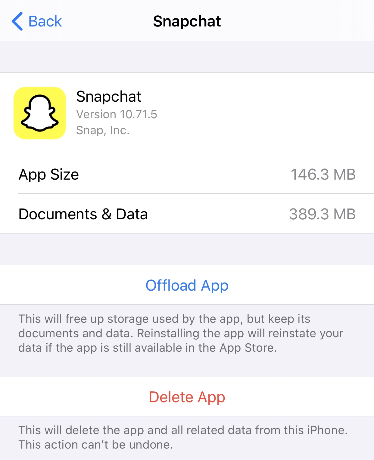 vérifiez la taille de stockage de Snapchat sur l'appareil iPhone/IOS via les paramètres