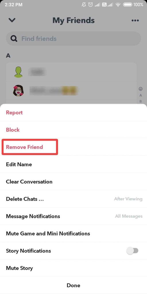 Supprimer un ami dans Snapchat
