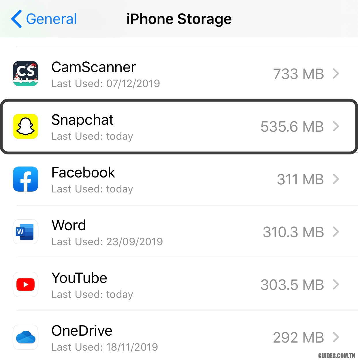 Vérification de la taille de stockage de l'application Snapchat sur l'appareil iPhone/IOS via les paramètres